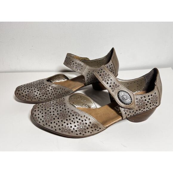Rieker EUC Taupe Leather Mirjam 1.75" Heel Cutout Adjustable Strap Shoe 37 6.5 - Picture 1 of 6